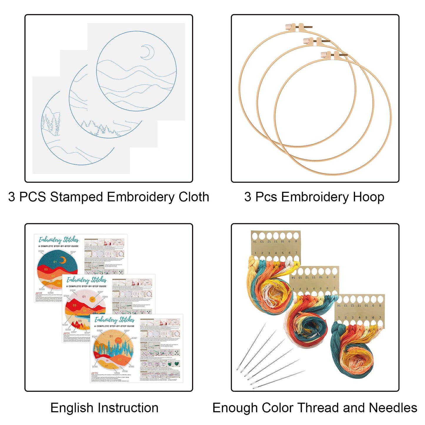 Louise Maelys 3 Set Landscape Embroidery Kits for Beginners with Mountain Sun Moon Pattern,Adults Starter Cross Stitch Kit DIY Needlepoint