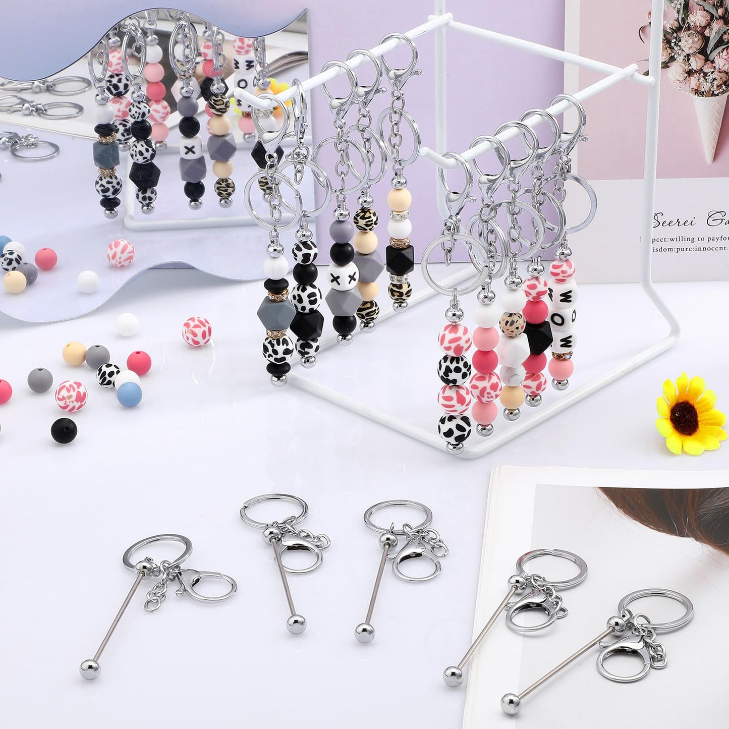 Tondiamo 24 Pcs Beadable Keychain Bars Bulk Beads for Keychain Making Kit Gifts for Women Men DIY Crafts(Silver)
