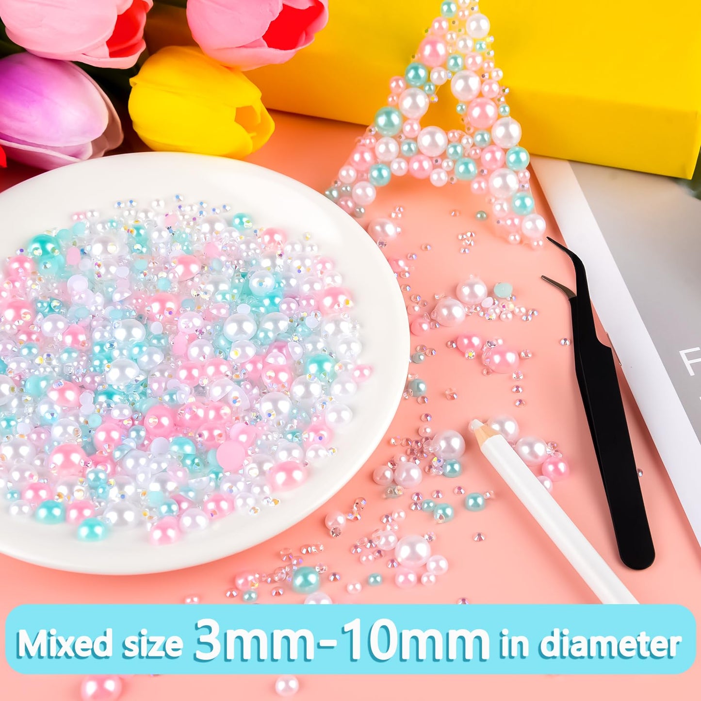 ASTARON 50g Mix Flatback Rhinestones Half Pearls for Crafts Mixed Size 3mm-10mm Flat Back Rhinestones for Crafts Flatback Pearls for Decorating Tumblers Mugs Nail Art Shoes (Pink Blue Series)