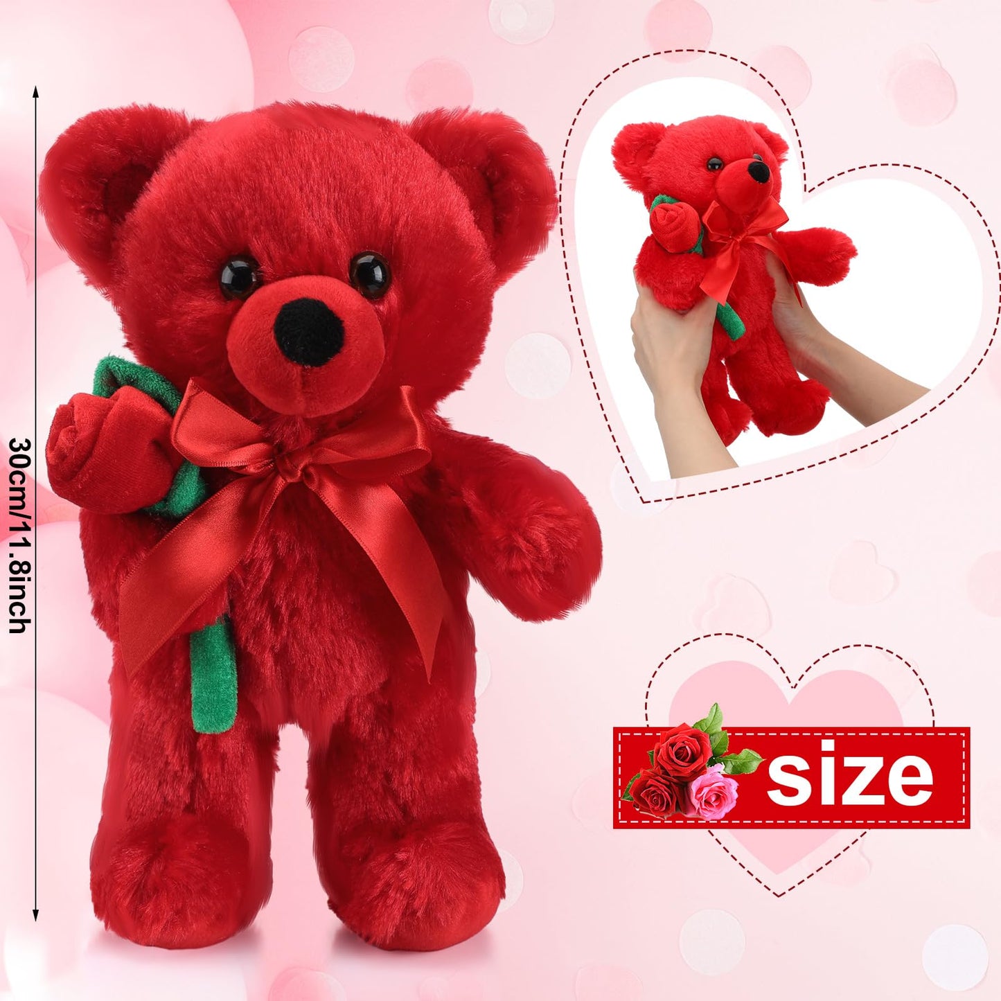 Valentine Bear Stuffed Animal Gift with Rose Funny Cute Bear Plush Stuffed Animal for Kids Toddler Mother Girlfriend Valentine Birthday Wedding, 11.8 Inches(Red)