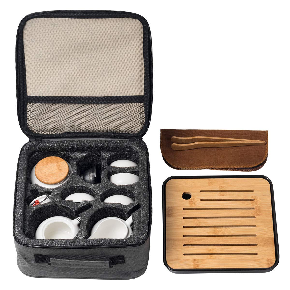 Chinese Tea Pot Cup Set with Tray Infuser - Travel Ceramic Tea set Porcelain Teapot, Portable All in One Bag for Outdoor Picnic Business Hotel (White)