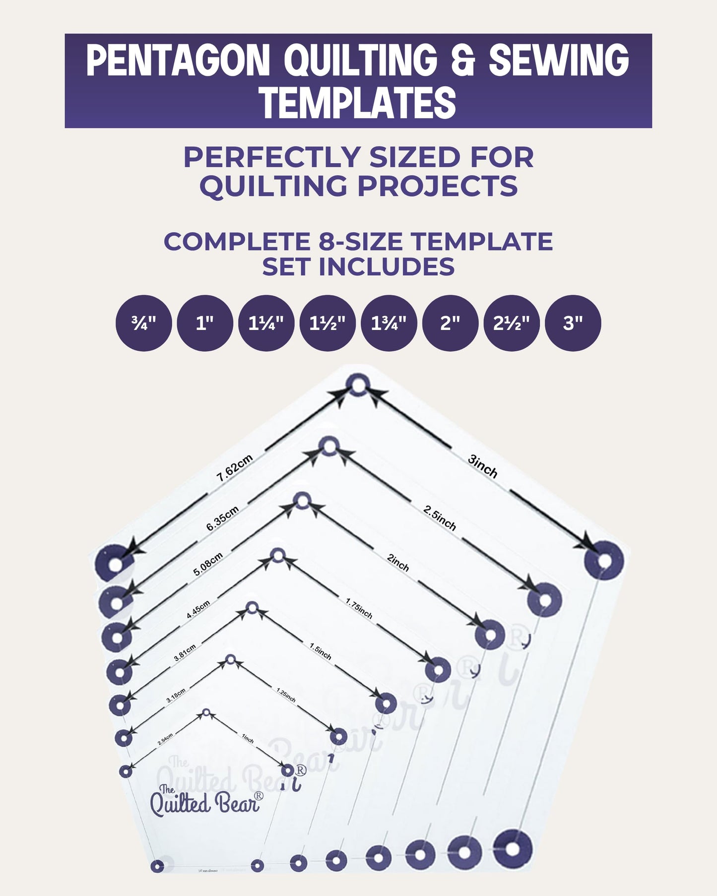 The Quilted Bear Pentagon Quilting Templates – 8 Clear Non-Slip Acrylic Quilt Templates for Precise Fabric Cutting & Stress-Free Machine Quilting - Ideal for Quilt & Sewing Supplies (¾–3")