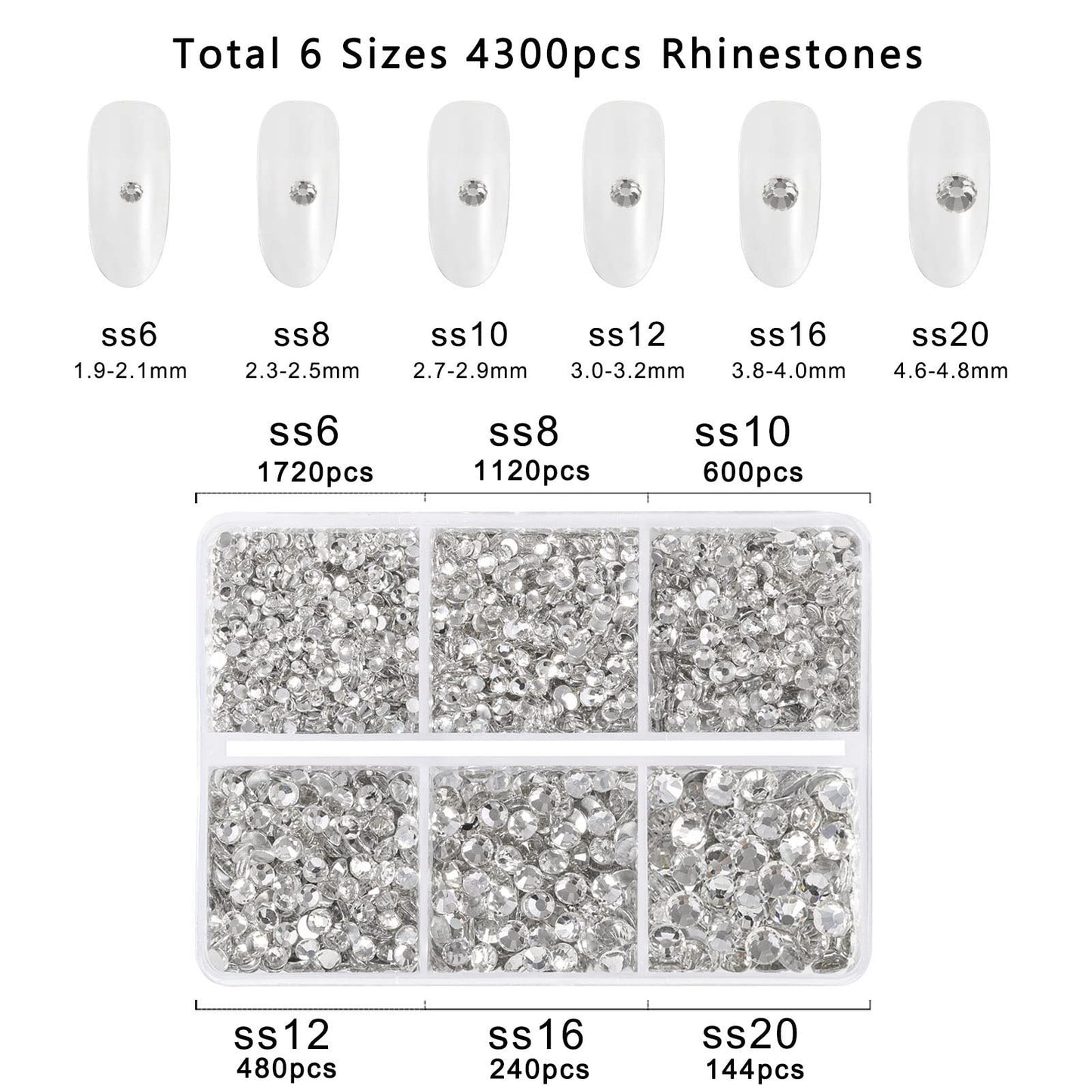 Beadsland 4300pcs Flatback Rhinestones,Clear Rhinestones Nail Gems Round Crystal Rhinestones for Crafts,Mixed 6 Sizes with Picking Tweezers and Wax Pencil Kit, SS6-SS20,Crystal