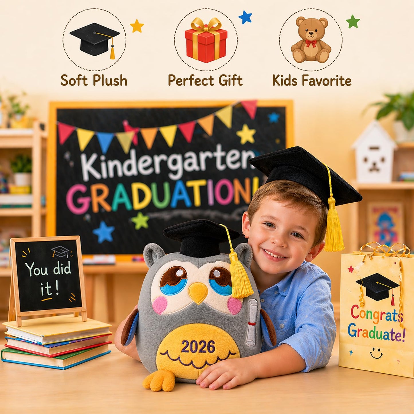 Rdogeia Graduation Stuffed Animal 2026,11.8" Graduation Owl Plush Stuffed,Kindergarten Graduation Gifts for Kids Boys Girls,Class of 2026 Kindergarten Preschool,with Black Cap