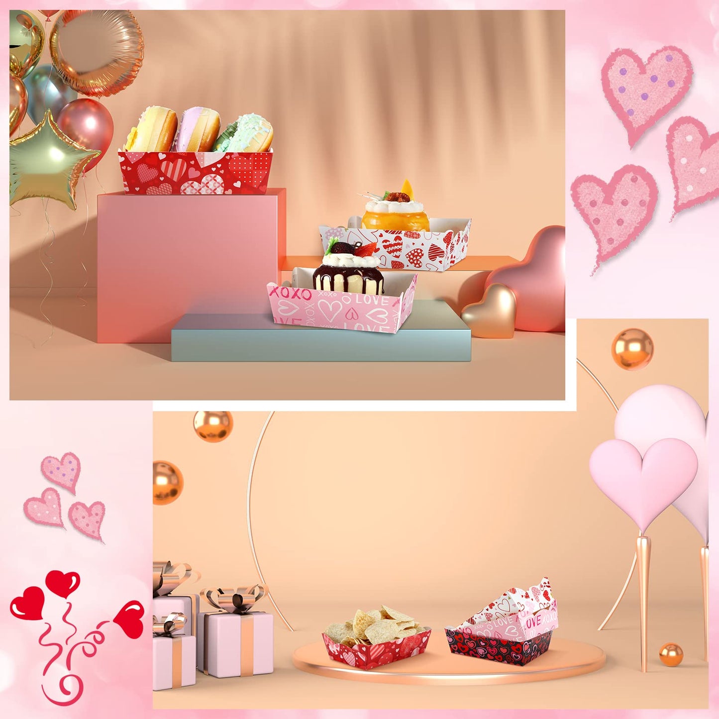60 Pcs Valentines Food Tray Party Supplies Paper Disposable Food Plates Galentines Decoration Pink Heart Love Paper Tray for Valentine Mother's Day Wedding Birthday Party Supplies