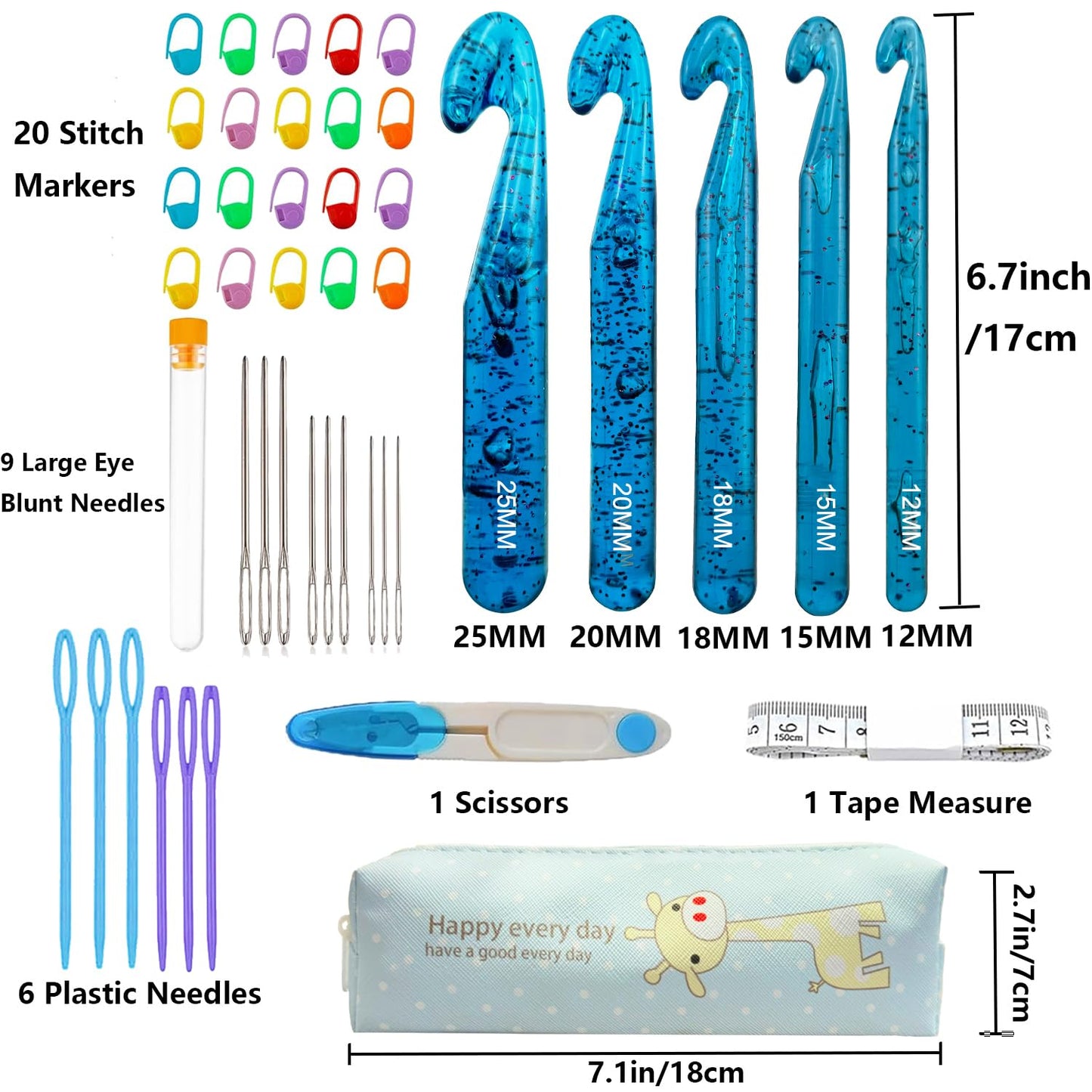 43 Pcs Large Crochet Hooks Set,12mm 15mm 18mm 20mm 25mm Large Crochet Hooks for Chunky Yarn,Plastic Crystal Smooth Big Crochet Needles for Handmade DIY Crochet with Storage Bag
