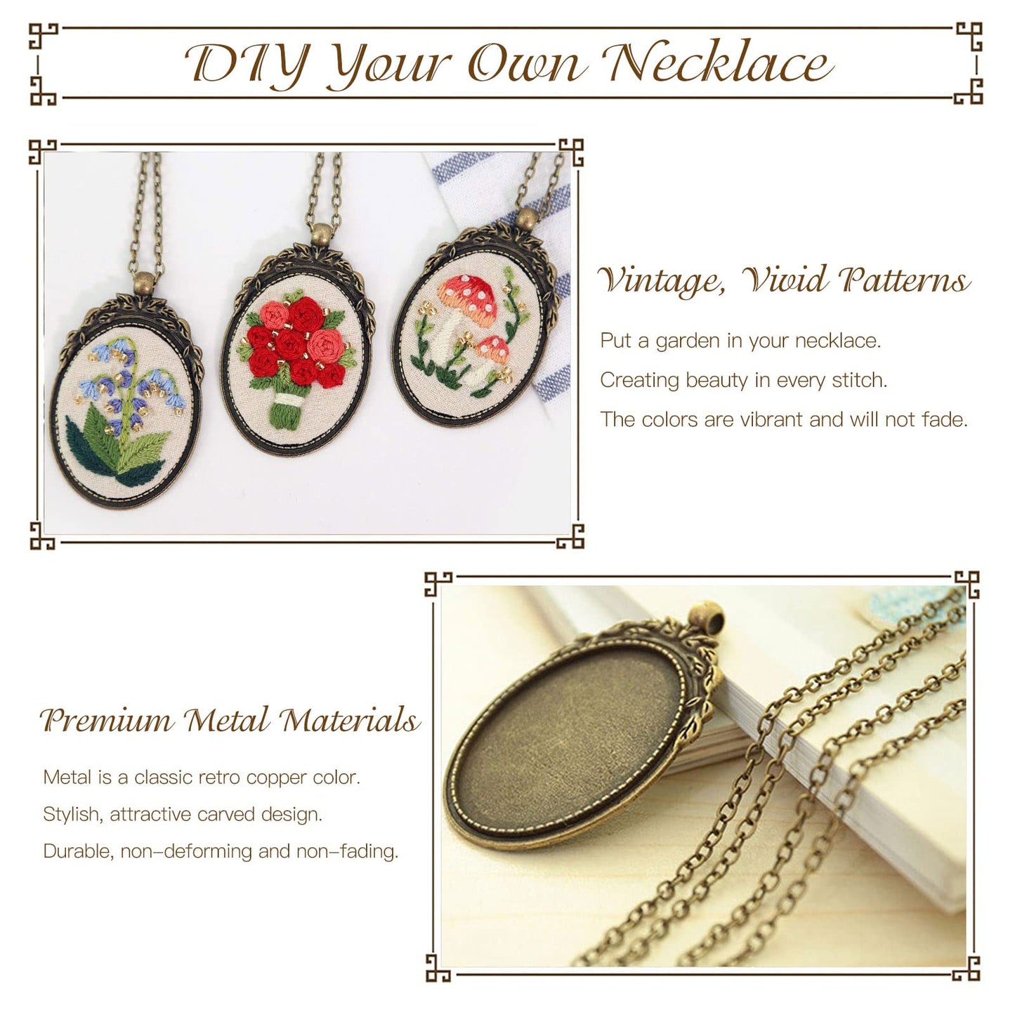 ZOCONE 3 Packs Embroidery Necklace Kit, Embroidery Pendant Kits Mini Cross Stitch Kit with Hoop, Necklace, Pendant, Beads, Stamped Pattern Cloth, Instructions, etc., Embroidery Kits for Adults