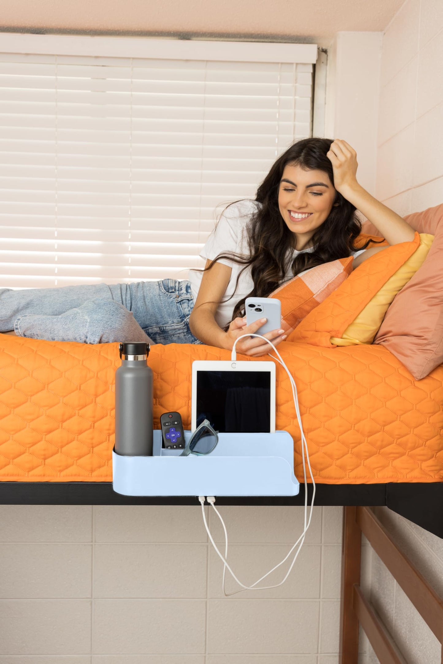 Squirrel-Bedside Perch, Floating Organizer with USB-C & A Charging Ports, Great Bedside Shelfie, Gift for teens and college freshman, for Gamers, Dorm room gifts. Assembly in 1 minute. Light Blue