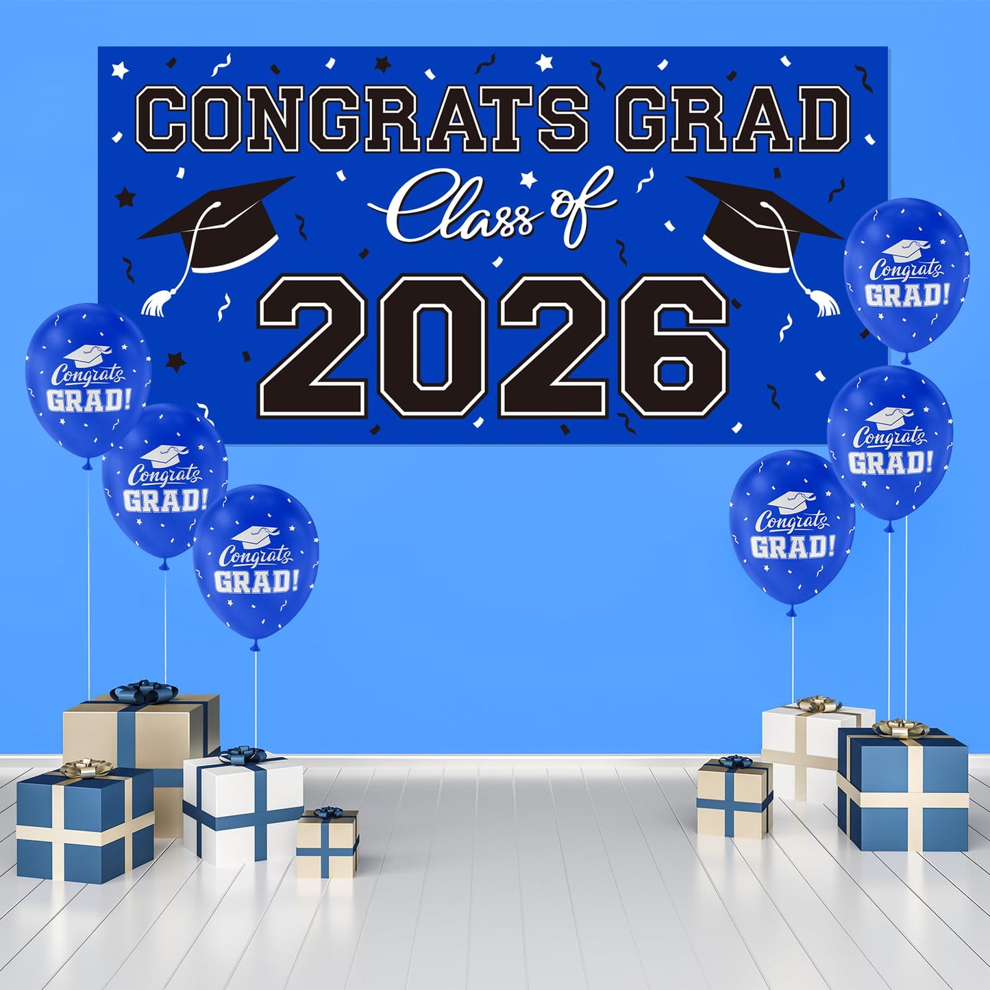 Graduation Party Decorations 2026 Plastic Backdrop - 65" x 32.7" Congrats Grad Banner in Blue, Large Class of 2026 Decorations, Photography & Grad Party Supplies