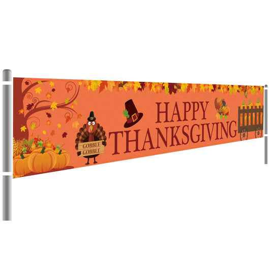 Large Happy Thanksgiving Banner, Thanksgiving Decorations, Fall Banner, Thanksgiving Turkey Maple Leaves Pumpkin Banner, Thanksgiving Party Outdoor & Indoor Decor Supplies (8.2 x 1.5 FT)