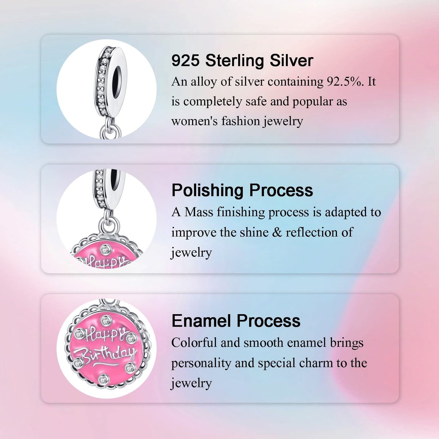 Alstade Happy Birthday Cake Charm 925 Sterling Silver Charms fits Bracelets and Necklace Pendant Bead Charms Jewelry Present for Women Family Friends