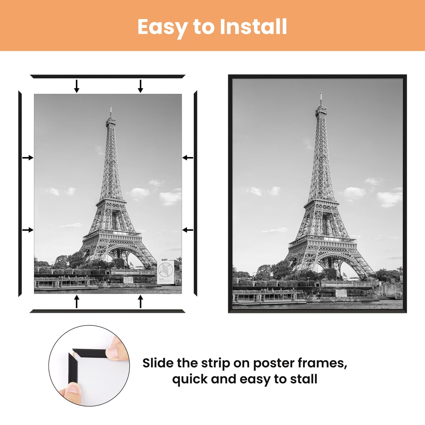 11x17 Picture Frame Black 3 Pack, Scratch-Proof 11 x 17 Poster Frames for Photo Gallery - Slide-In Strips, Horizontal or Vertical Wall Mounting