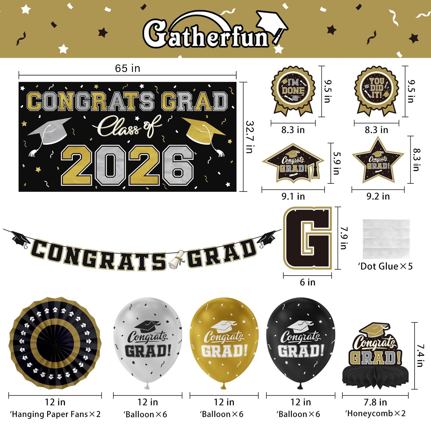 Black and Gold Themed 2026 Graduation Decorations Set - Congrats Grad Banner, Class of 2026 Backdrop, Balloons & Streamers Kit - Graduation Party Supplies for High School & College Celebrations