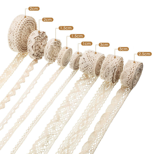 40 Yards Cotton Lace Trim Vintage Ribbon Crochet Cotton Lace Scalloped Edge for Bridal Wedding Decoration Christmas Package DIY Sewing Craft Supply, 5 Yards Each, 8 Styles(Beige)