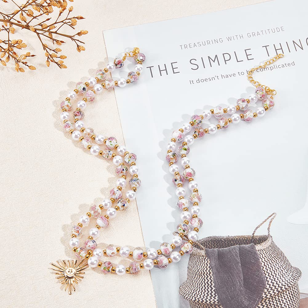 60pcs 9~10mm Rose Lampwork Beads Gold Sand Glass Beads Handmade Flower Glass Beads Round Loose Beads for Rosary Making Jewelry Craft Making with 1.5~2mm Hole - White