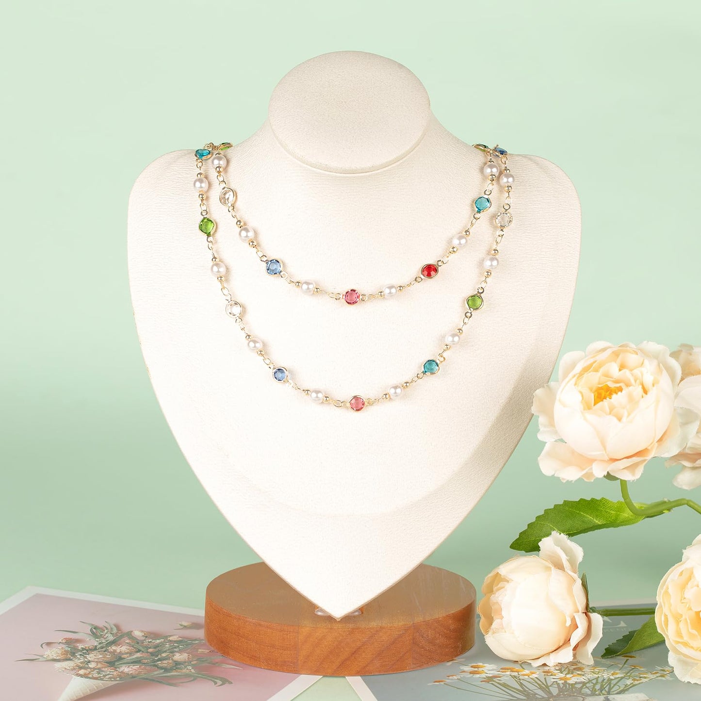 KYUNHOO 3M Artificial Pearl Chains for Jewelry Making, Mixed Color Rhinestone Jewelry Chains Bulk with Jump Rings and Lobster Clasps Jewelry Supplies Findings