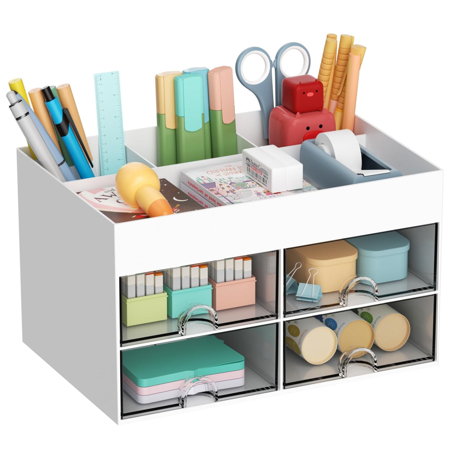 Pen Organizer with 4 Drawer, Multi-Functional Pencil Holder for Desk, Desk Organizers and Accessories with 4 Compartments + Drawer for Office Art Supplies (White)