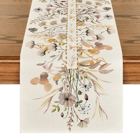 Wildflower Leaves Floral Fall Table Runner, Autumn Thanksgiving Kitchen Dining Table Decoration for Indoor Outdoor Home Party 13x72 Inch