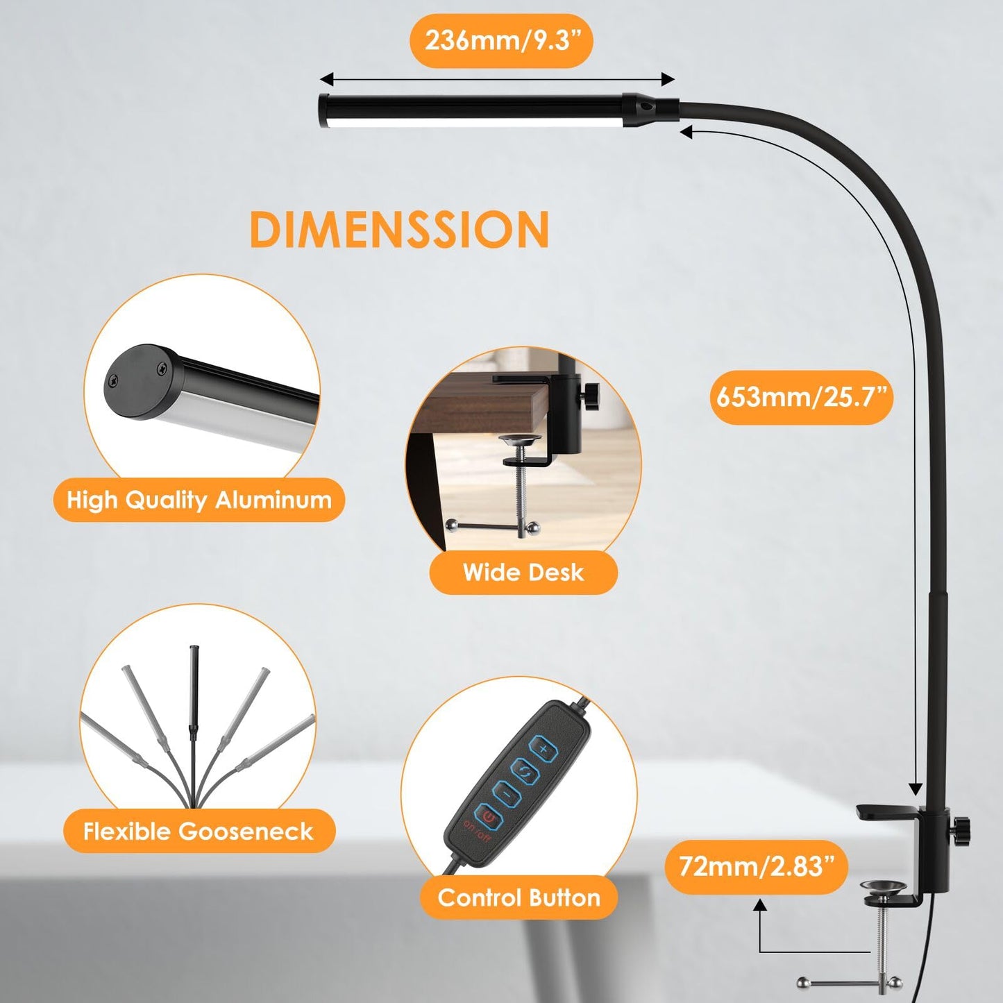 ShineTech LED Desk lamp with Clamp, Eye-Caring Clip Lights for Home Office, 3 Colors Full Brightness, Flexible Gooseneck USB Adapter Table Lamp, Black