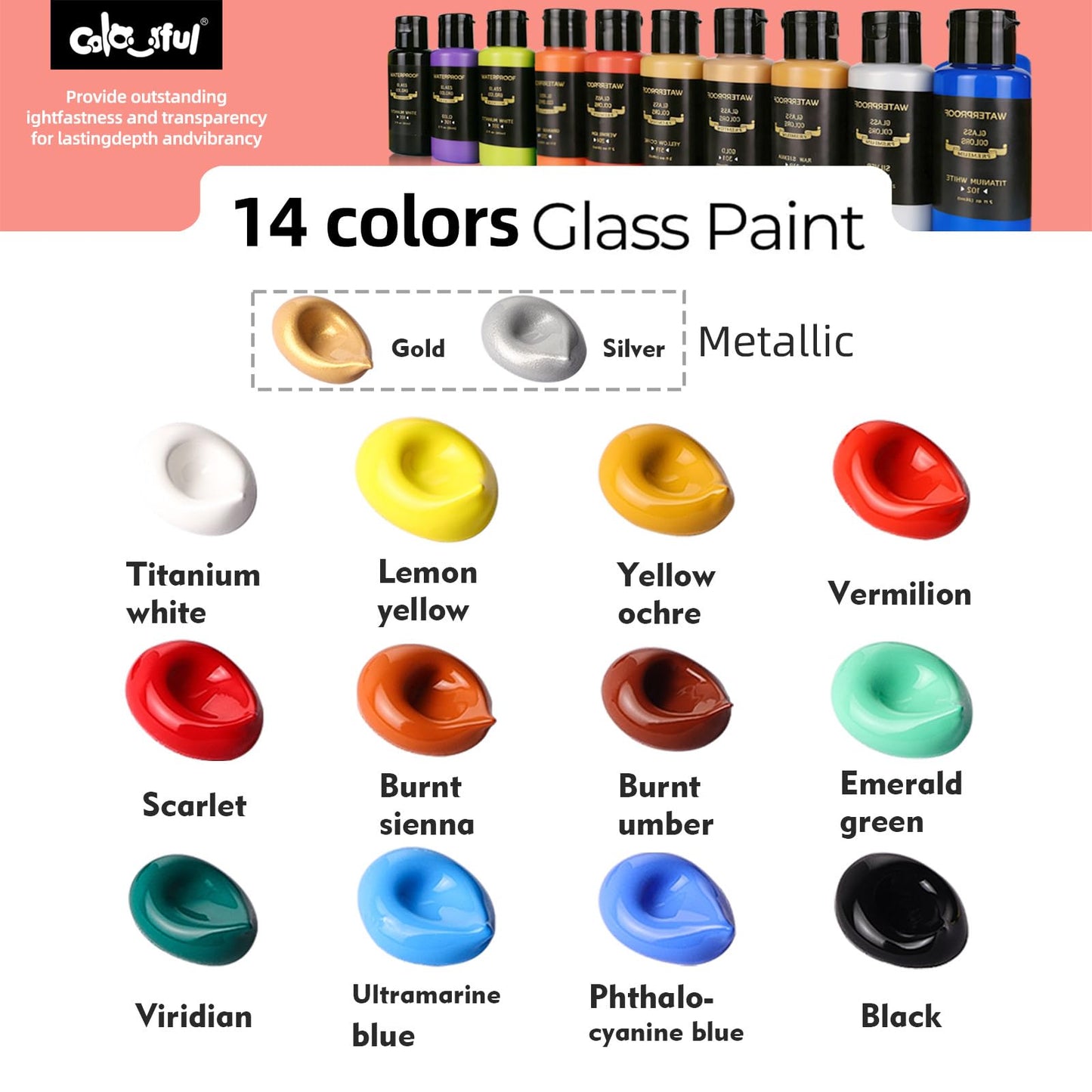 Colorful 14 Colors Stain Glass Paint Set with 6 Brushes, 1 Palette, Waterproof Permanent Glass Painting Kit for Kids to Arts on Wine Glasses,Bottle and Windows