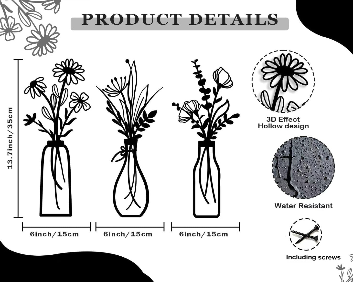 3 Pieces Metal Flowers Wall Arts - Rustic Farmhouse Decor Black Minimalist Flower Wall Decors for Living room Bathroom Bedroom Dining Room - Housewarming Gifts(Black, Vase-C)