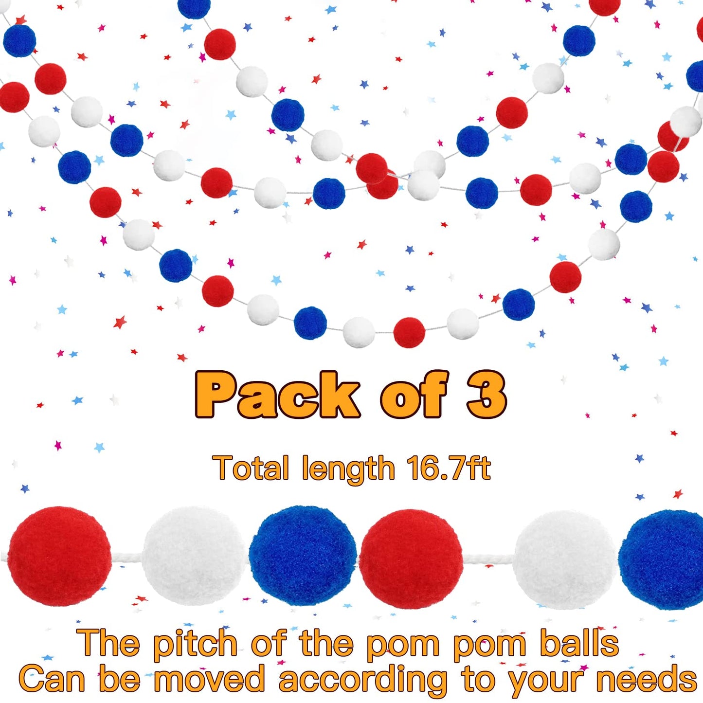 Pom Pom Garland 4th of July Decorations, Patriotic Red White Blue Felt Ball Garland, 3-Pack 6.6ft Long 24 Cute Pompom Balls String, Christmas Tree Decor Ornaments for Home Birthday Holiday Party