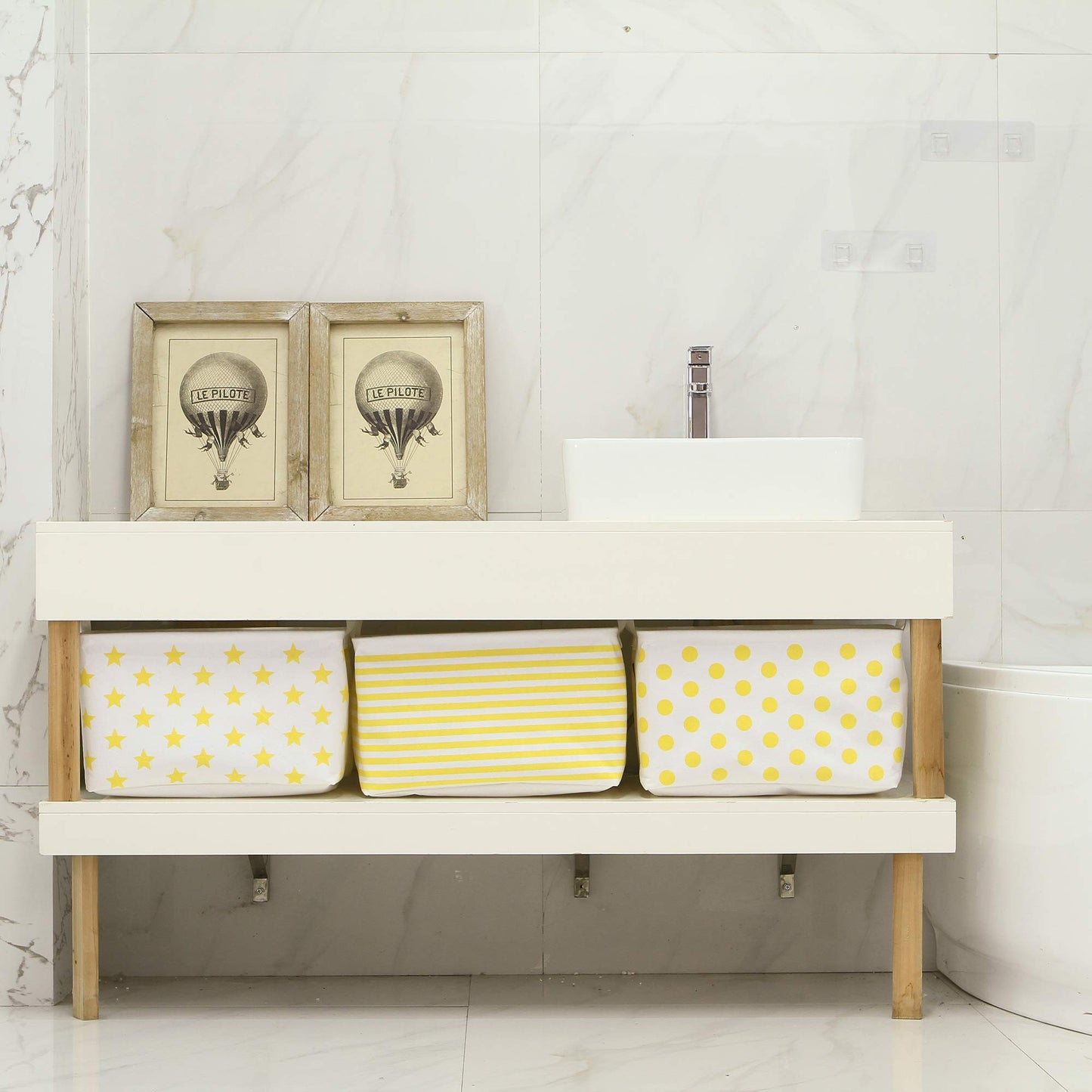 Sea Team Collapsible Canvas Fabric Storage Basket with Handles, Rectangle Waterproof Storage Bin, Box, Cube, Foldable Shelf Basket, Closet Organizer, 16.5 x 11.8 x 9.8 Inches, Yellow Stripe