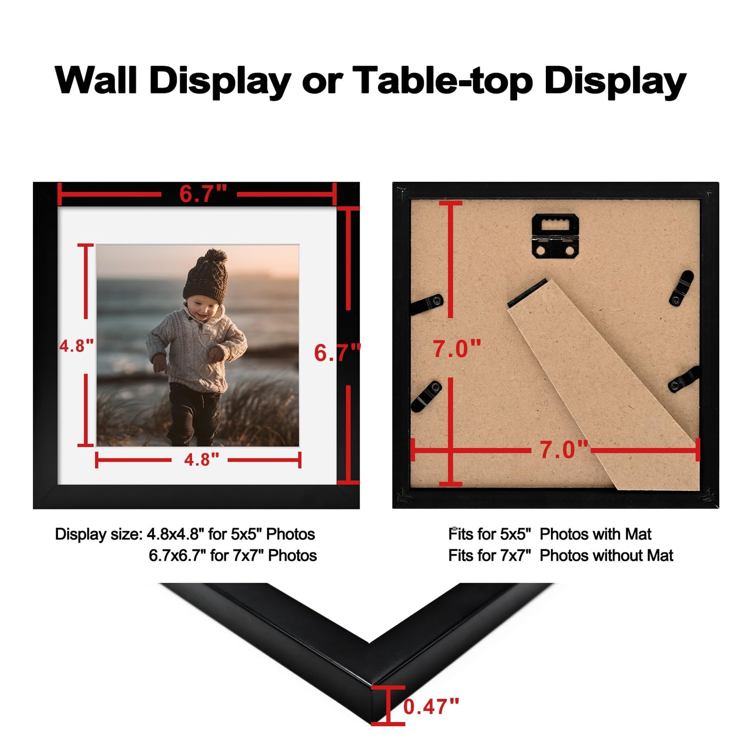 KINLINK 7x7 Picture Frame Black Set of 4, Wooden Square Photo Frames Matted 5x5 with Plexiglass for 5x5 with Mat or 7x7 without Mat for Table and Wall Display