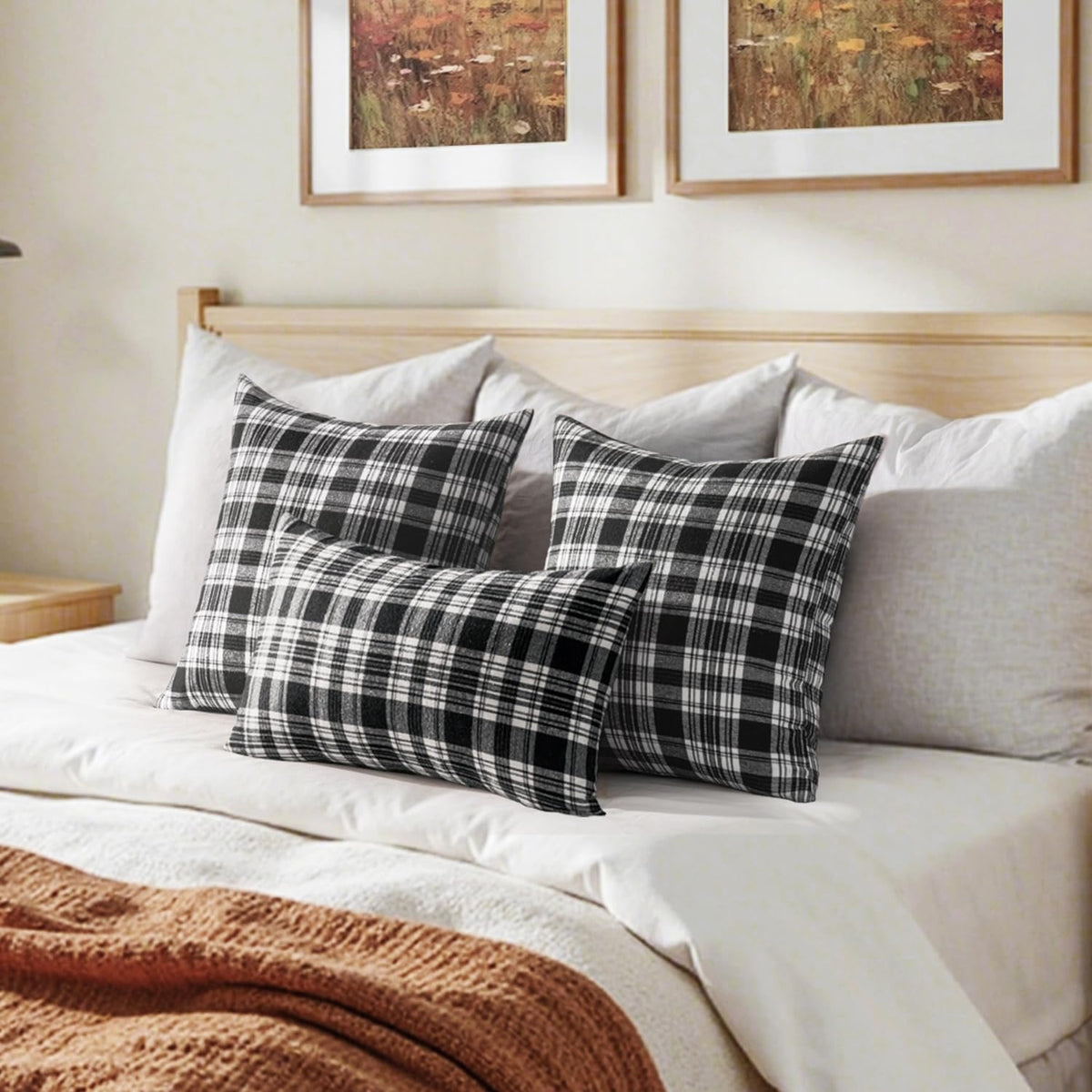 Halloween Plaid Pillow Covers Scottish Tartan 18x18 Black and White