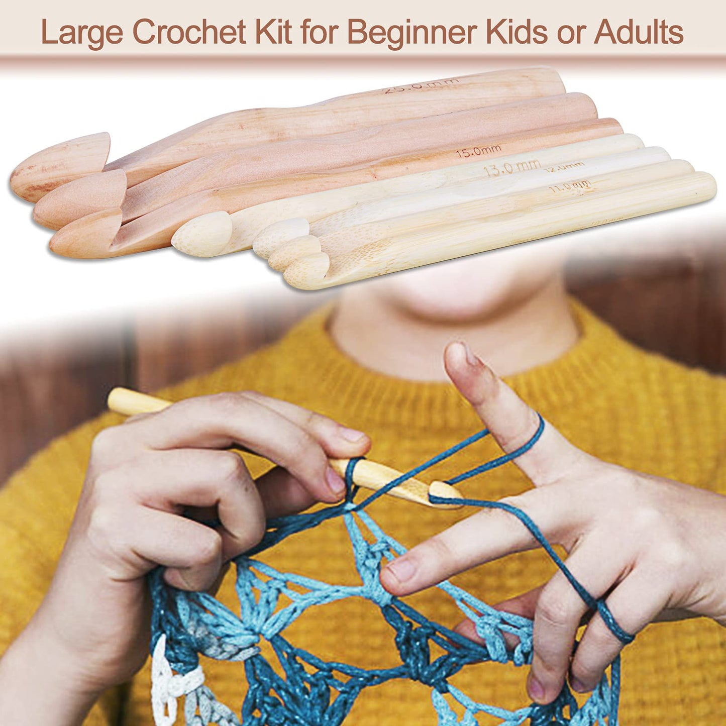 Large Wooden Crochet Hooks Ergonomic Crochet Hook Set 10-25 mm, 7PCS Inline Crochet Hooks Bamboo Crochet Kit for Beginner, Giant Wood Crochet Needles for Crocheting Chunky Yarn, Rugs, Blankets