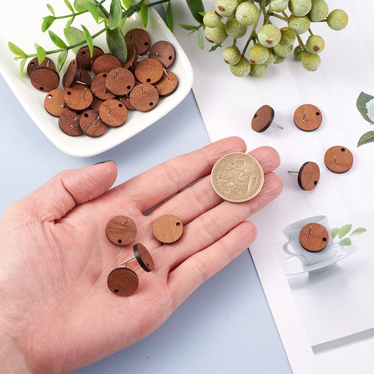 Pandahall 20 Pairs Walnut Wood Flat Round Shape Earring Findings 15mm Coconut Brown Dangle Stud Pendants with 304 Stainless Steel Pin for DIY Wooden Earrings Making