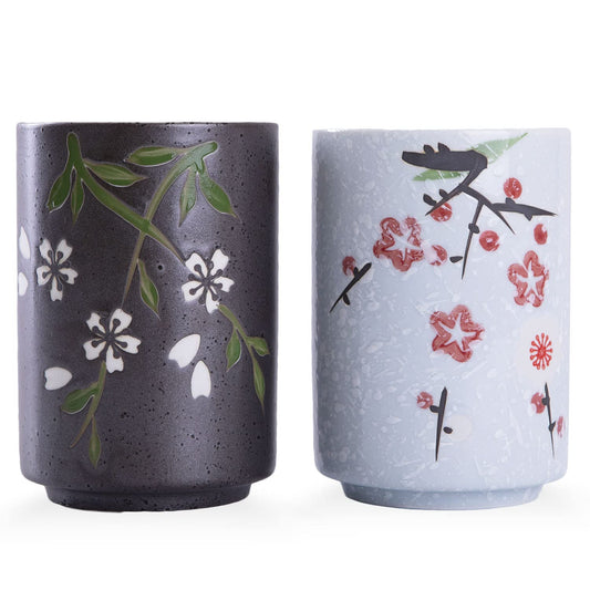10oz Transitional Chinese/Japanese style Handle-less Ceramic Tea cups teacup, Flora Pattern Set of 2