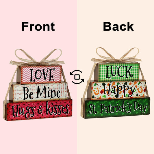 Valentines Day St. Patrick's Day Decor - Rustic Tiered Tray with Reversible Shamrock Blocks for Table & Kitchen Farmhouse Valentine Bundle