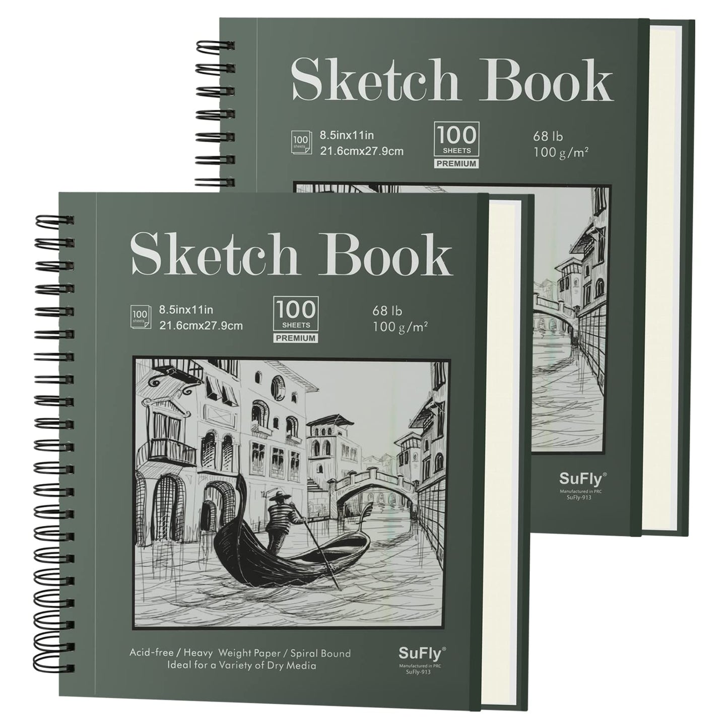Sketch Book 8.5"x11", Spiral Sketchbook Pack of 2, SuFly 200 Sheets (68 lb/100gsm) Acid Free Sketch Pads for Drawing for Adults Spiral Bound with Hard Cover for Kids & Adults, 100 Sheets Each