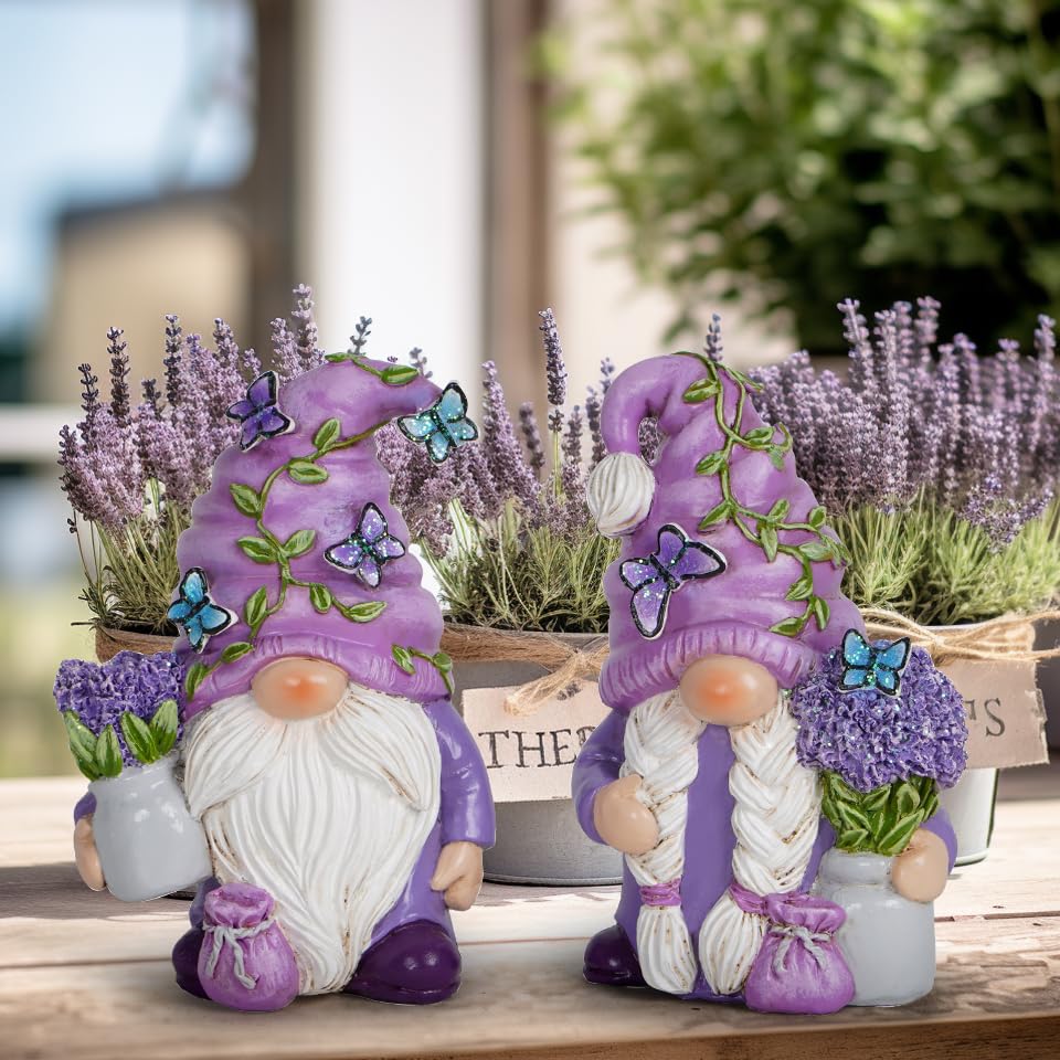 2PCS Lavender Dream Gnome Set - Purple Fragrance Wonderland Journey Spring Swedish Tomte Elf Dwarf Figurines Summer Gnome Indoor Home Decor Gift (Lavender)