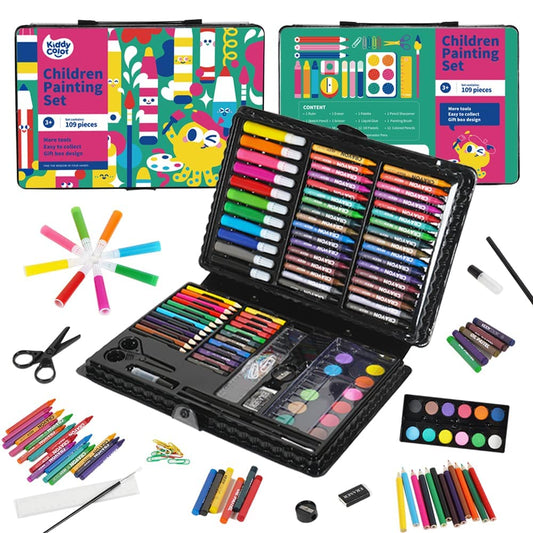KIDDYCOLOR 109-Piece Deluxe Art Set for Kids, Painting & Drawing Art Supplies in a Plastic Case with Markers, Watercolor Cakes, Color Pencils, Great Art Kit Gift for Christmas New Year