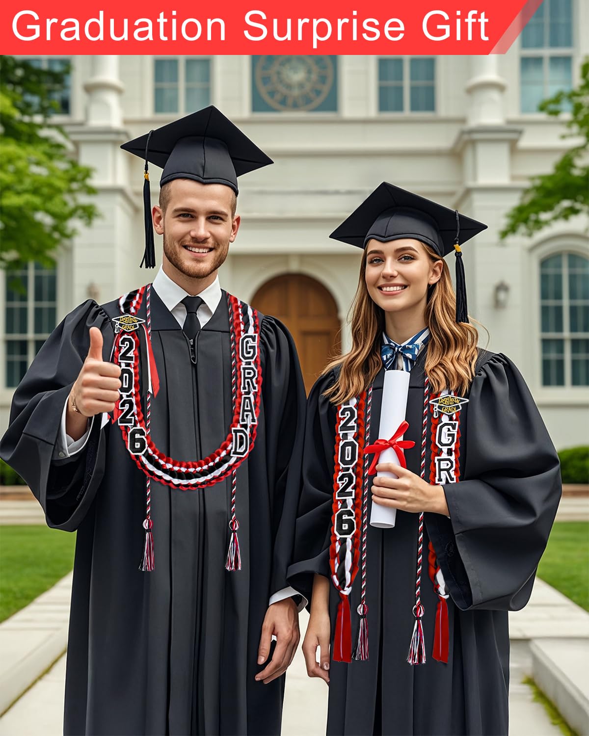 Yigney Graduation Lei Set Class of 2026 Grad Ribbon Leis with Honor Cord Double Braided Graduate Leis for Men Women Red Black White