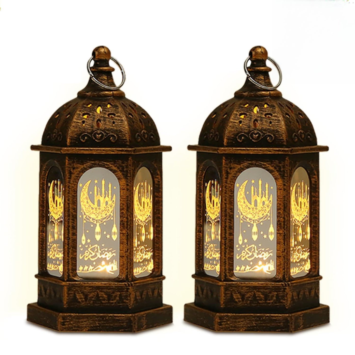 Ramadan Decorations, Ramadan Lantern Lights with Islamic Moon Star Decorations, Mini LED Hanging Lantern Decor, Eid Mubarak Decorations for Home Table Fireplace, Ramadan Eid Gifts 2 Pack