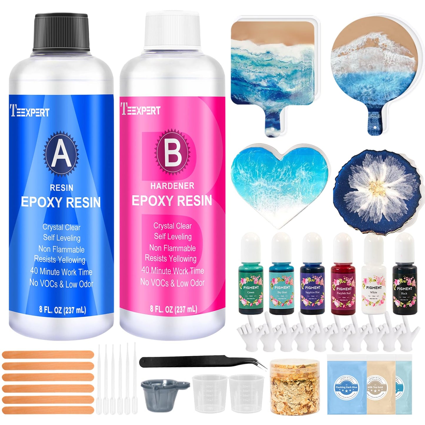 Epoxy Resin Kit for Beginners, Resin Kit with Coaster Molds, Silicone Molds Kit, Pigments, Crystal Clear Art Resin, Casting & Coating for DIY Coasters 16 FL.OZ
