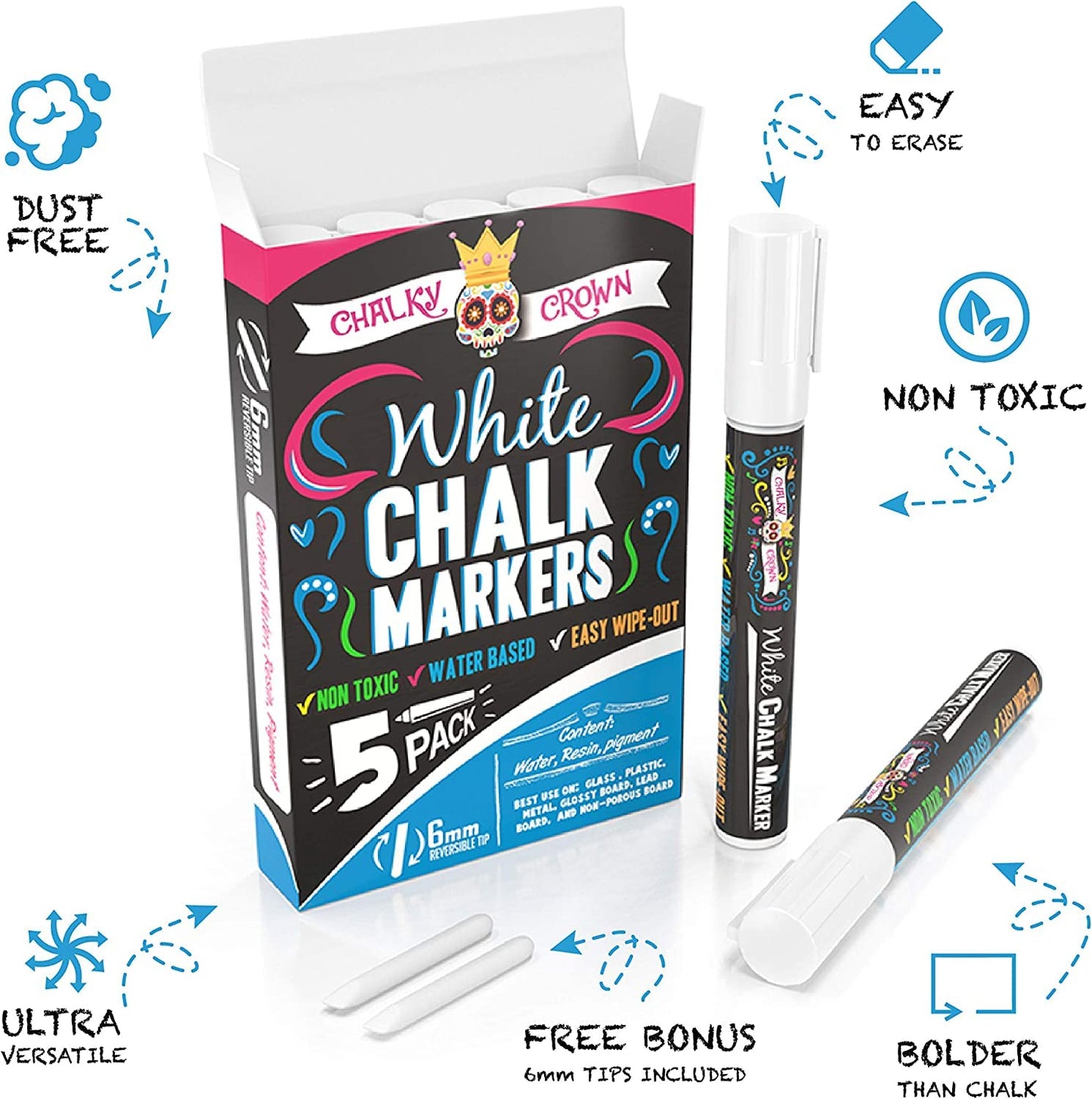 CHALKY CROWN Liquid Chalk Marker Pen - White Drawing Chalk - Chalkboard Markers for Chalkboard Signs, Windows, Blackboard, Glass - 6mm Reversible Tip (5 Pack) - 24 Chalkboard Labels Included