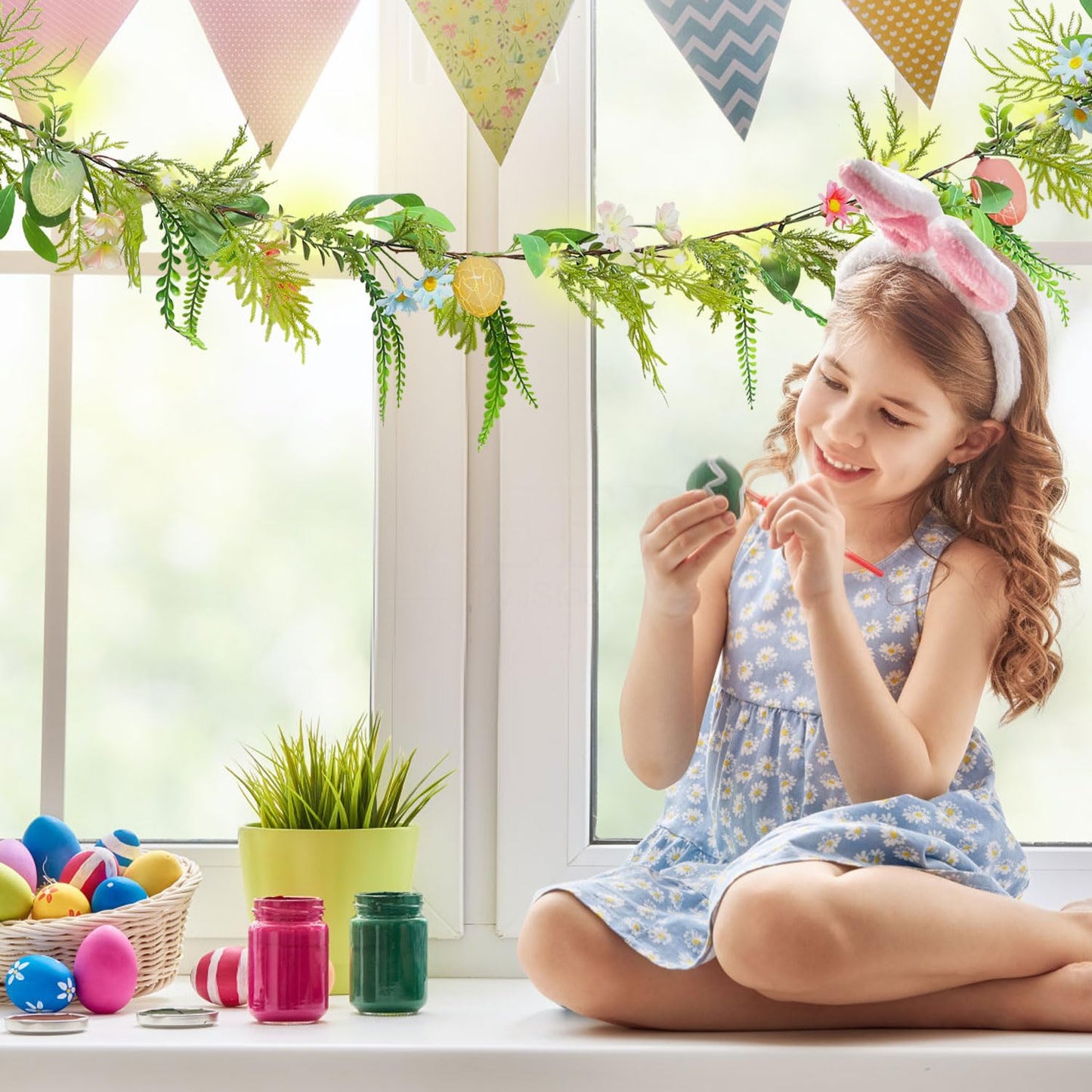 6.7FT Easter Lighted Garland,Artificial Spring Vine Branche with Easter Egg Berries Flower for Mantle Fireplace Home Table Party Decoration