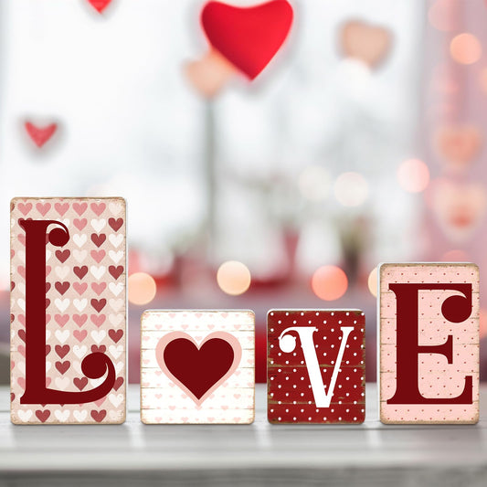 Valentines Love Block Signs Freestanding Love Tabletop Decoration Wooden Heart Table Decor Valentine Tiered Tray Decor For Wedding Home Office Mantel Shelf Desk Party Decoration (Vintage)