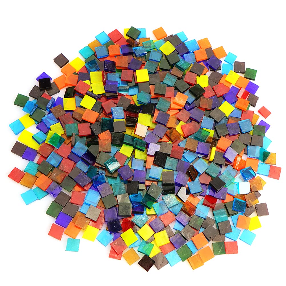 Lanyani Transparent Square Glass Mosaic Tiles Pieces Stained Glass for Crafts, Mixed colors and Patterns, 500g/1.1lb