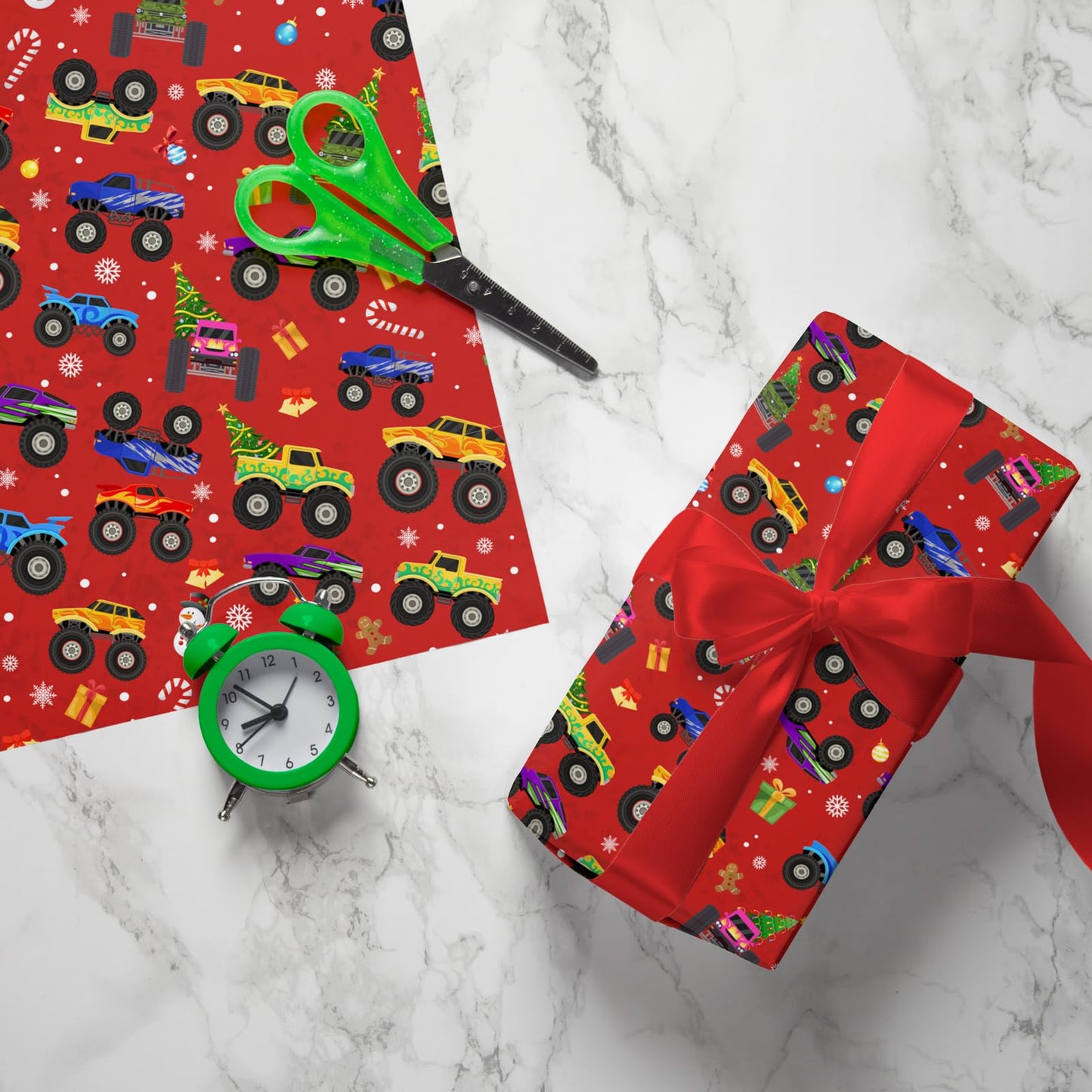 Cuitpan Red Monster Truck Christmas Wrapping Paper - Xmas Gift Wrap with Holiday Trees, Snowmen & Gingerbread Men Design - Ideal for Kids & Adults Gift Wrapping - 40×28 Inches, 4 Folded Sheets