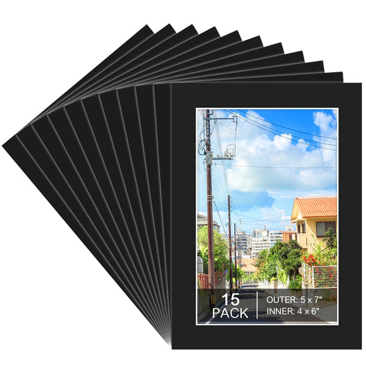 15 Pack 5x7 Black Picture Mats, Frame Mattes for 4x6 Pictures Display Photo Frame Mat Core Bevel Cut Mat Board Show Kit for Photos, Prints, Artworks