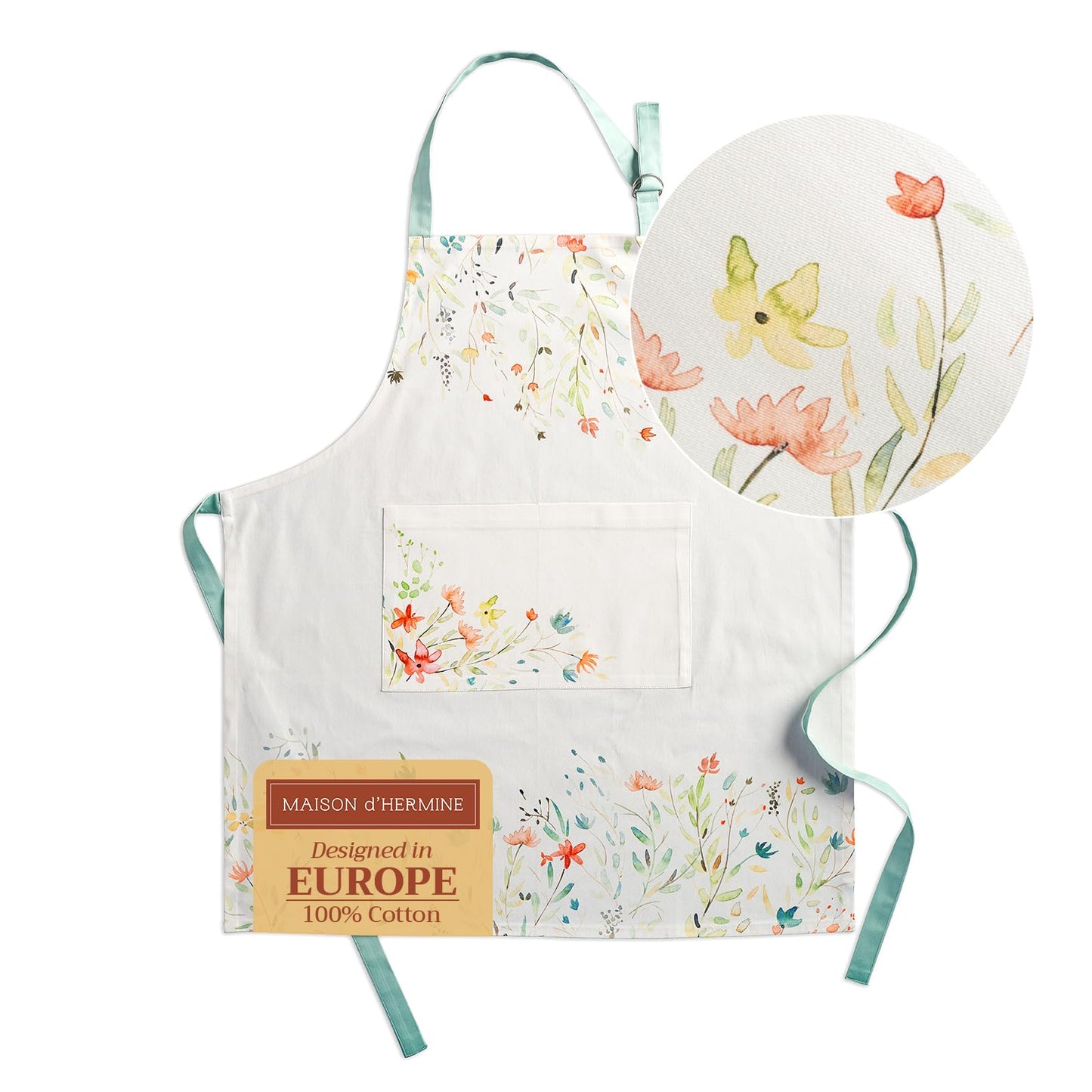 Apron for women with Pocket 100% Cotton 27.50"x31.50" 1 Piece Adjustable Neck Strap & long ties Apron Men, Chef, Wedding, Cooking, Gardening, Server Spring/Summer (Colmar)
