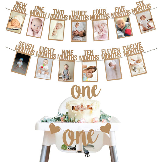 Wood Color 1st Birthday Baby Photo Banner for Newborn to 12 Months And Alphabet ONE Bunting, Alphabet ONE Cake Topper for Baby Show First Birthday Party Decoration