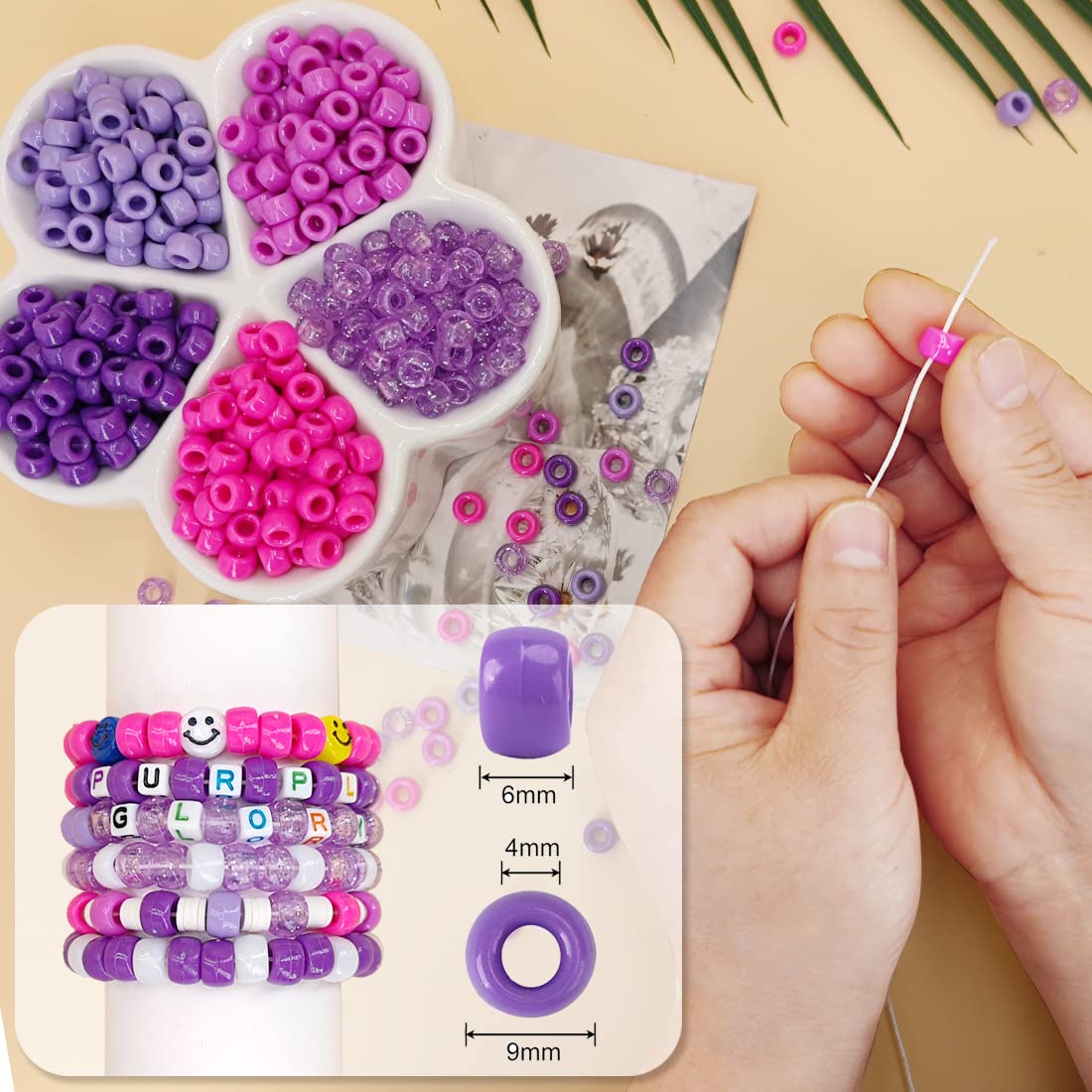 MIIIM 1000PCS 6x9mm Pony Beads Bulk, 5 Styles Purple for Bracelets Making Kit, Kandi, Hair for Braids, Craft for Jewelry Making (Purple)