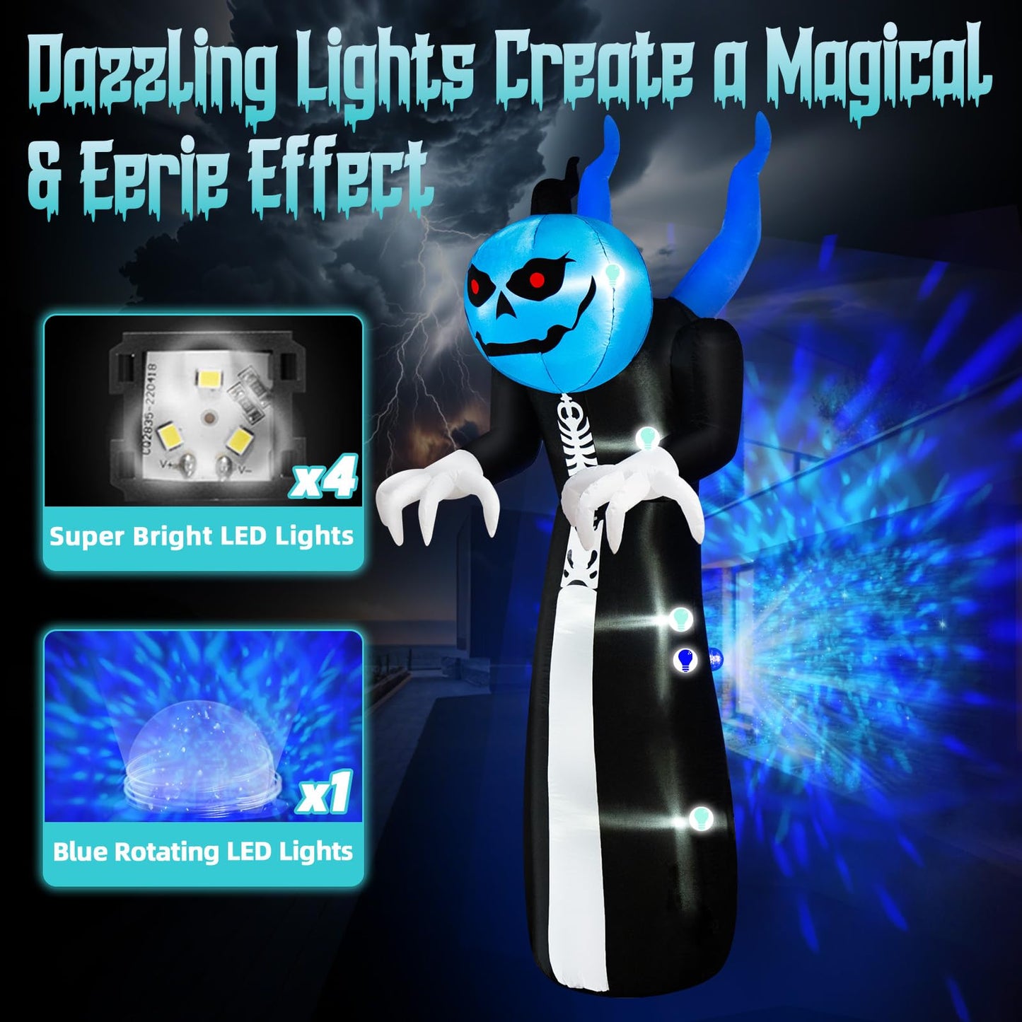 12FT Halloween Inflatables Pumpkin Reaper, Giant Pumpkin Ghost Inflatable Halloween Decorations with Blue Rotating LED Lights Blow Up Yard Decorations for Holiday Party Outdoor Garden Lawn