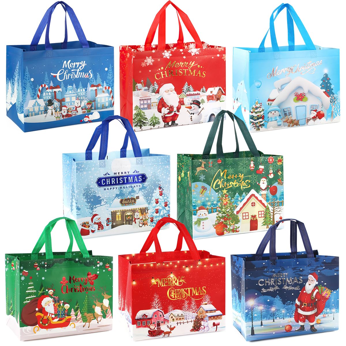 8PCS Christmas Gift Bags, Bronzing Christmas Tote Bags with Handles, Treat Bags, Multifunctional Non-Woven Bags for Gifts Wrapping Shopping, Xmas Basket Party Supplies, 12.8"×9.8"×6.7"